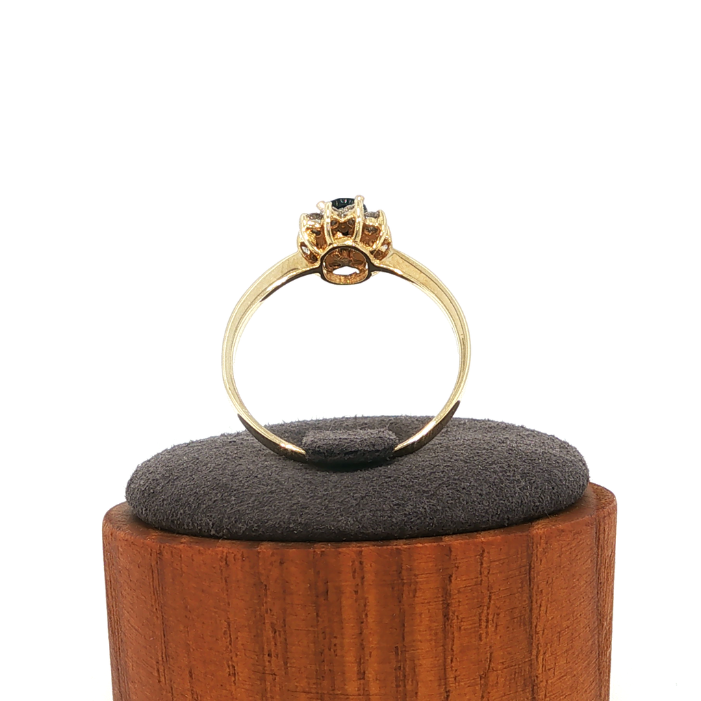 Deep Blue Sapphire Halo Ring in Yellow Gold