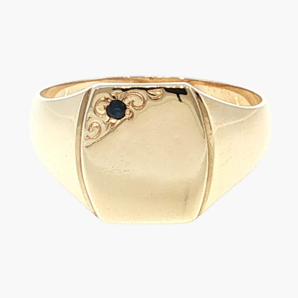 Yellow Gold Signet Ring with Deep Blue Sapphire Accent