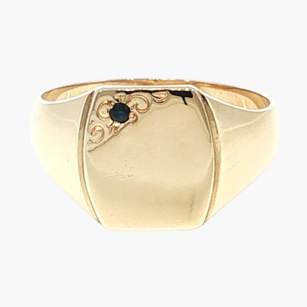 Yellow Gold Signet Ring with Deep Blue Sapphire Accent