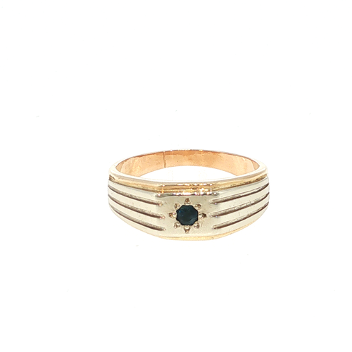 Deep Blue Sapphire Grooved Signet Ring in Yellow Gold