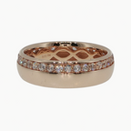 A rose gold eternity ring featuring a pavé diamond band and an openwork lattice interior, shown on a clean white reflective surface.