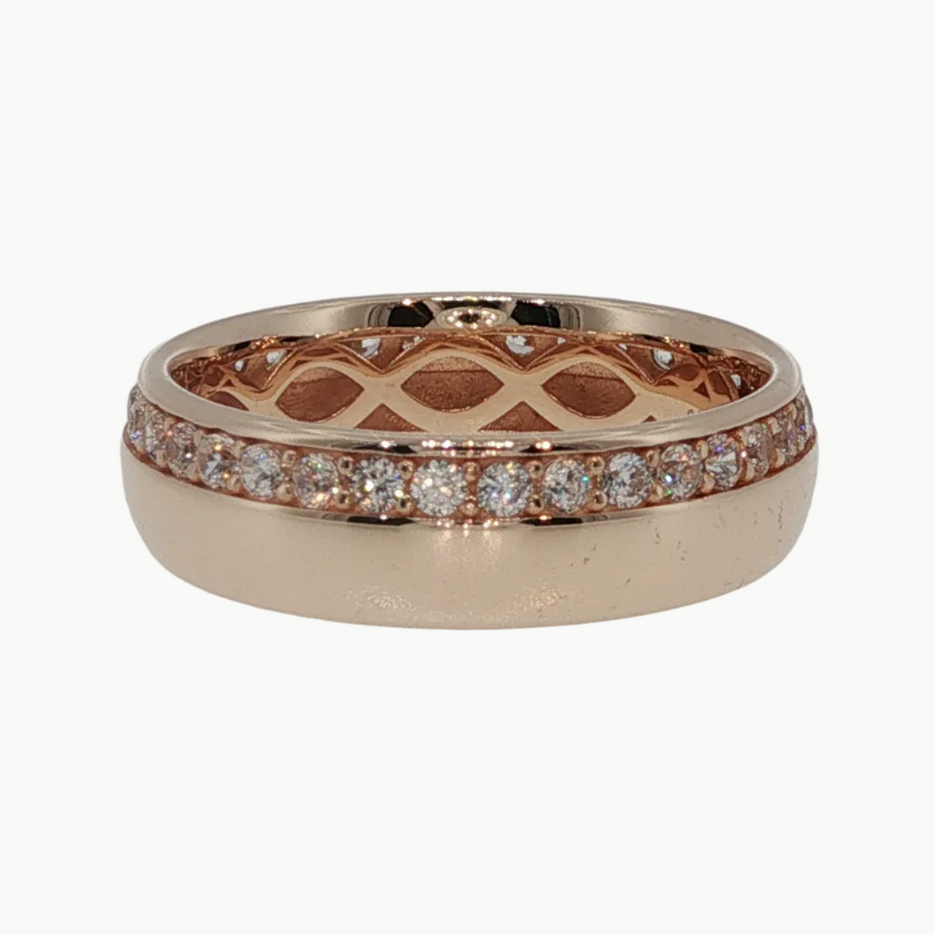 A rose gold eternity ring featuring a textured geometric lattice pattern on the band and a channel-set row of small clear stones along the front, displayed on a clean white reflective surface.