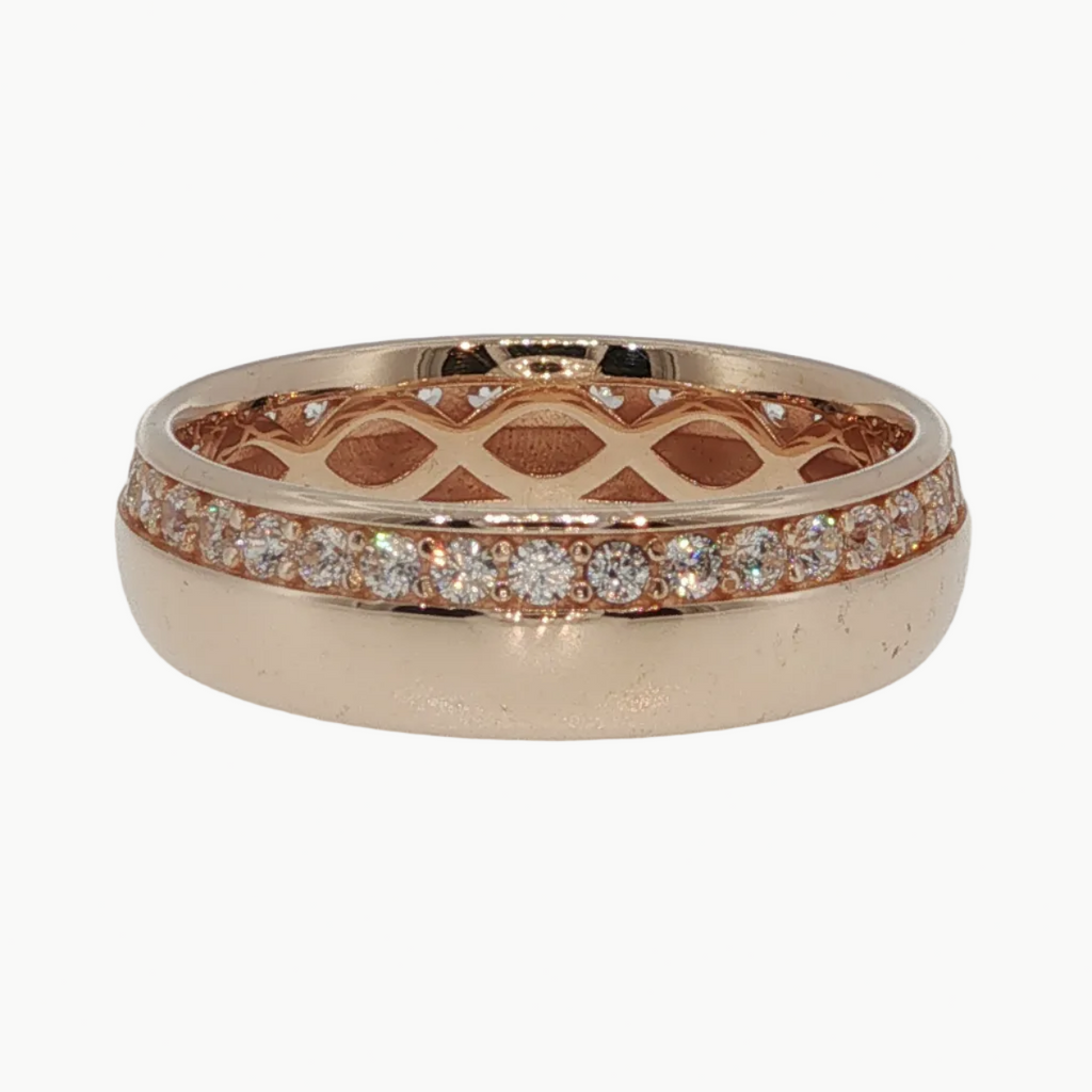 A rose gold eternity ring featuring a continuous channel setting of small clear stones on the outer band, with a geometric lattice pattern visible on the inner band, set against a clean white background.