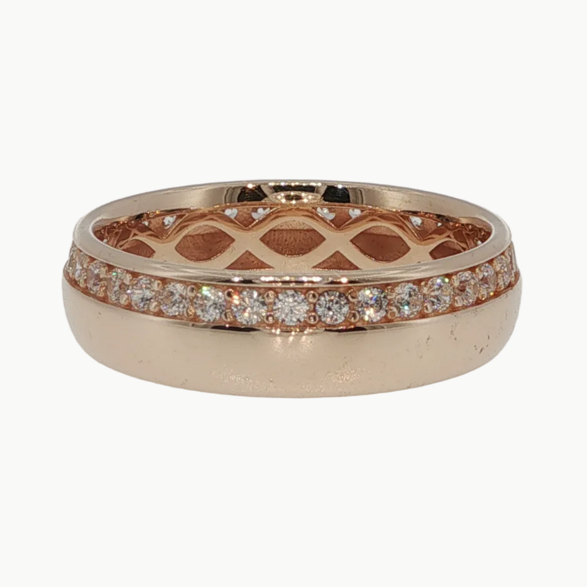 A rose gold eternity ring featuring a continuous channel setting of small clear stones on the outer band, with a geometric lattice pattern visible on the inner band, set against a clean white background.