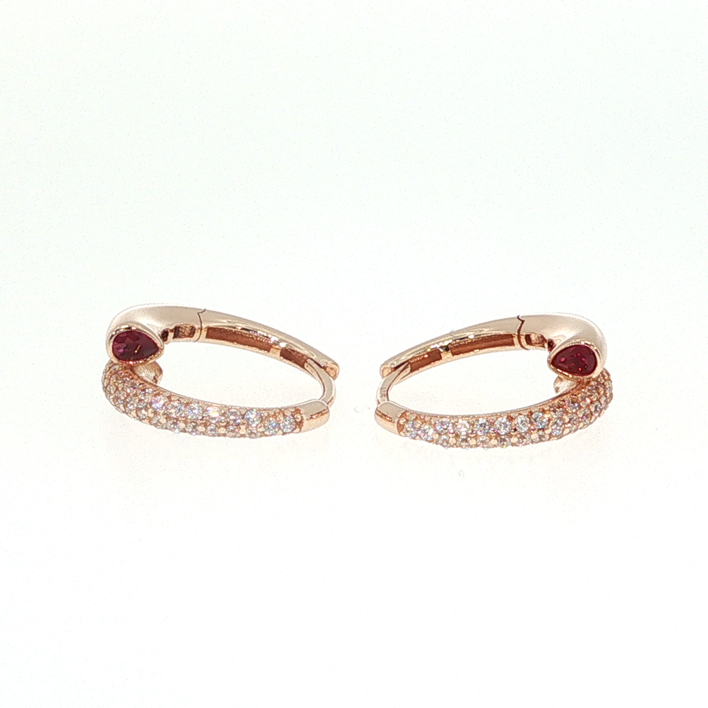 Rose Gold Huggie Hoop Earrings with Red Rubies