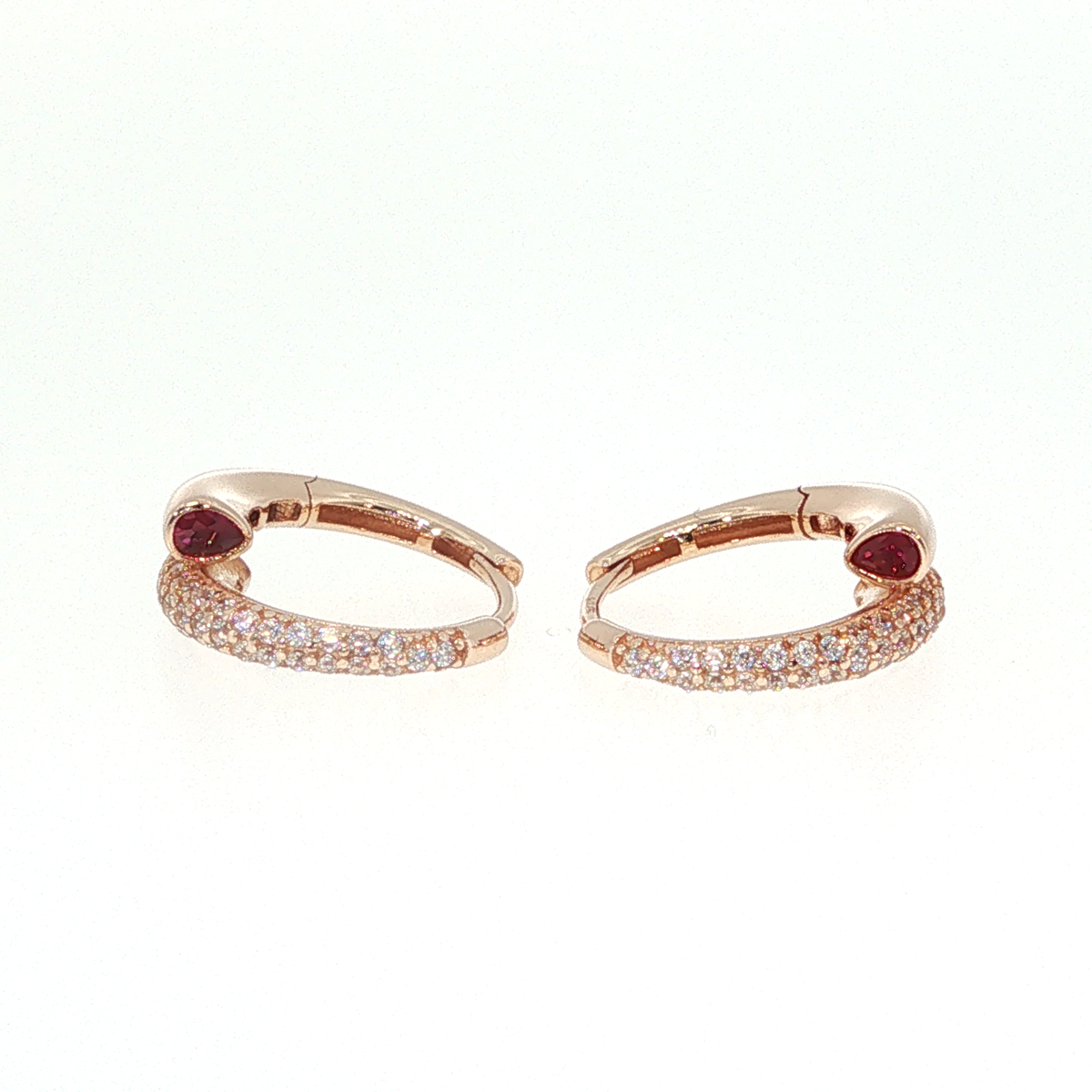 Rose Gold Huggie Hoop Earrings with Red Rubies