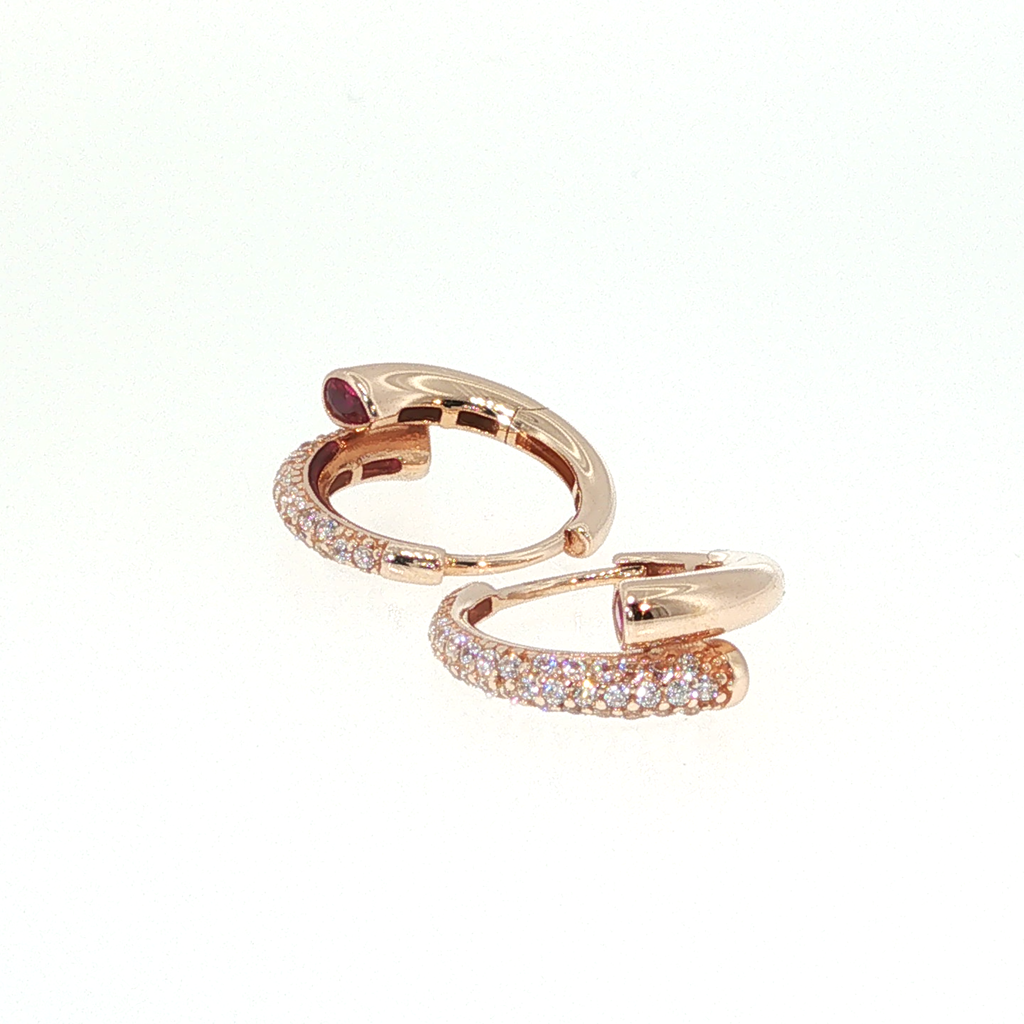 Rose Gold Huggie Hoop Earrings with Red Rubies