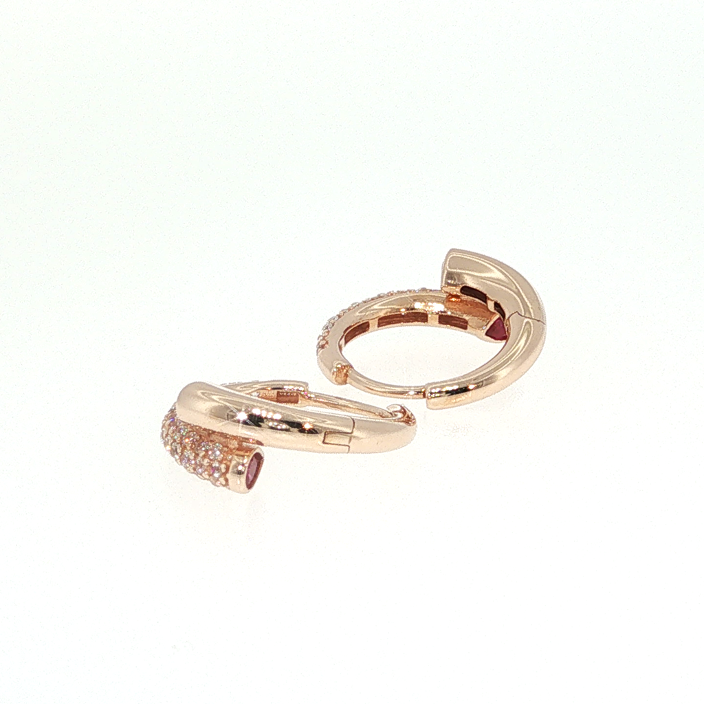 Rose Gold Huggie Hoop Earrings with Red Rubies