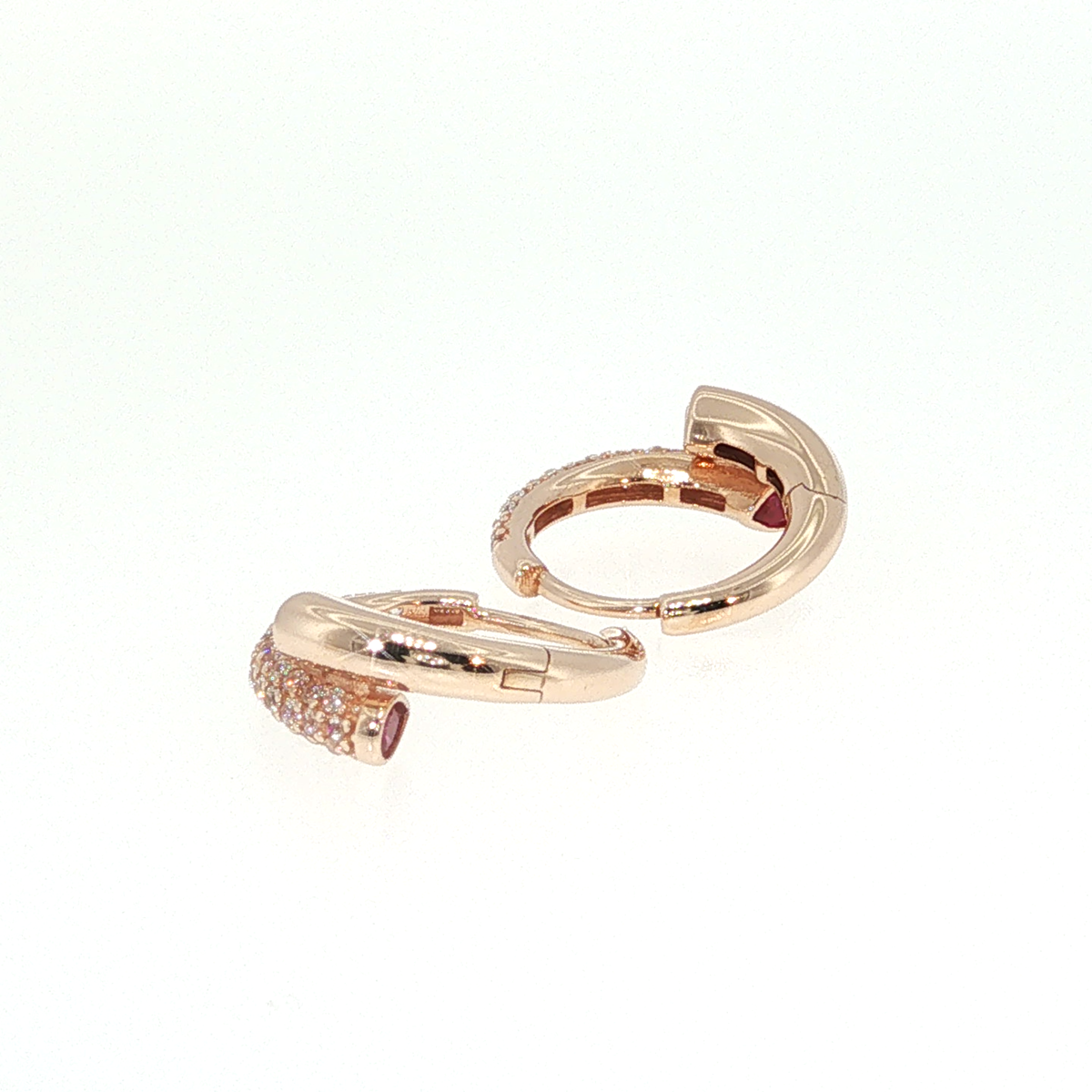 Rose Gold Huggie Hoop Earrings with Red Rubies