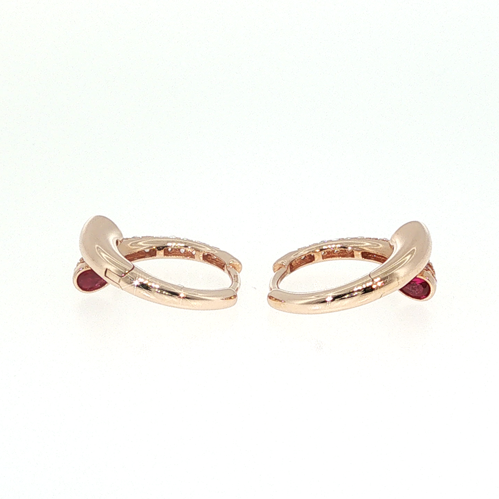 Rose Gold Huggie Hoop Earrings with Red Rubies