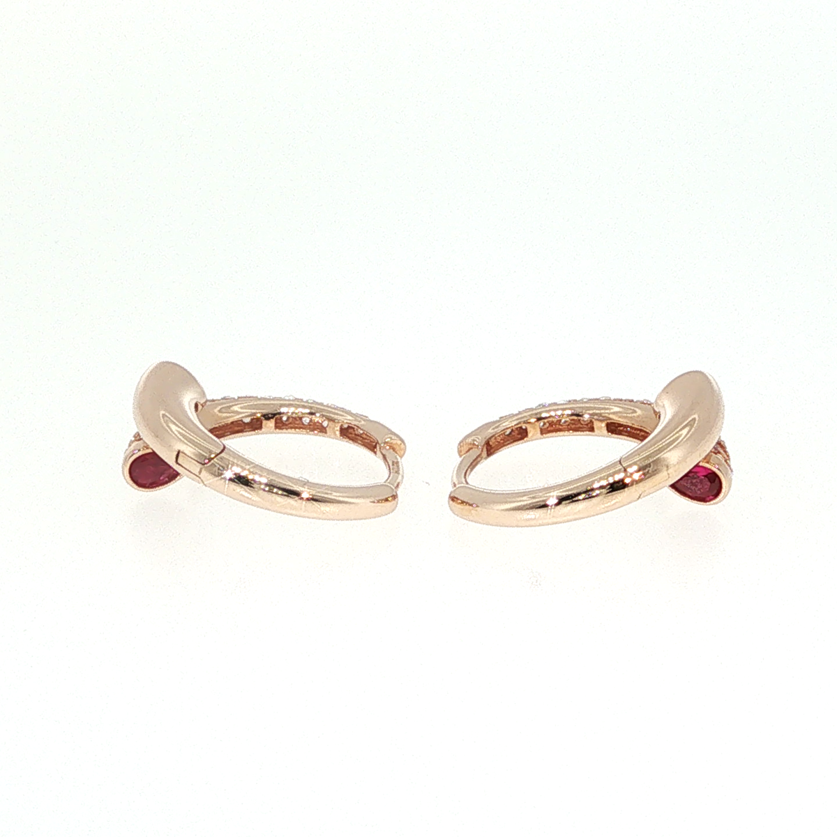 Rose Gold Huggie Hoop Earrings with Red Rubies