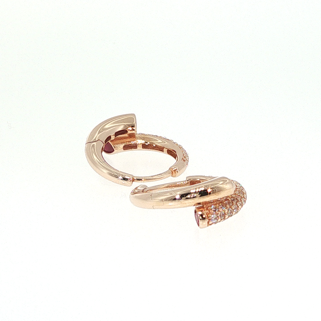 Rose Gold Huggie Hoop Earrings with Red Rubies