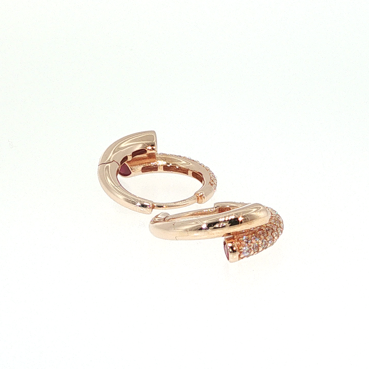 Rose Gold Huggie Hoop Earrings with Red Rubies
