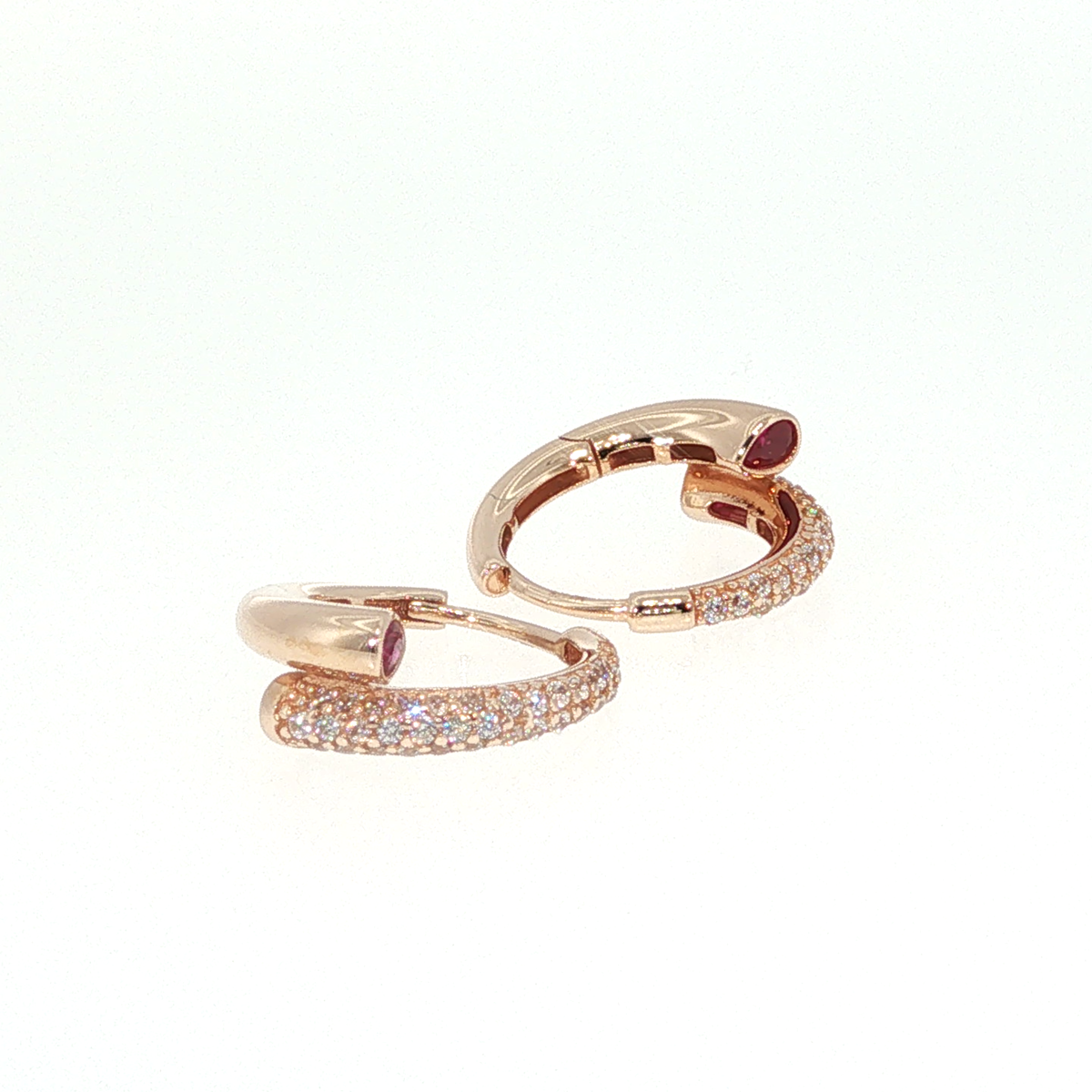 Rose Gold Huggie Hoop Earrings with Red Rubies