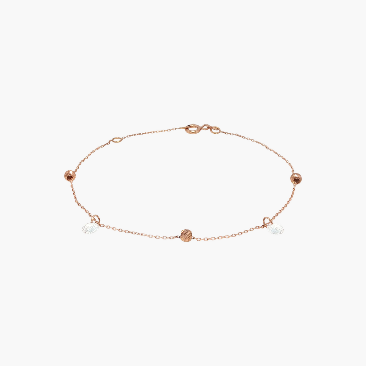Diamond and Textured Bead Chain Bracelet in Rose Gold 16-18 cm