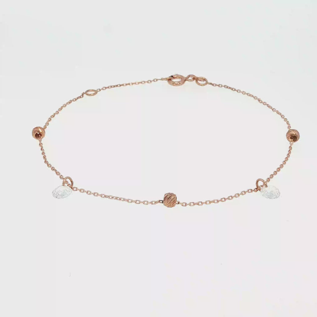 Diamond and Textured Bead Chain Bracelet in Rose Gold 16-18 cm