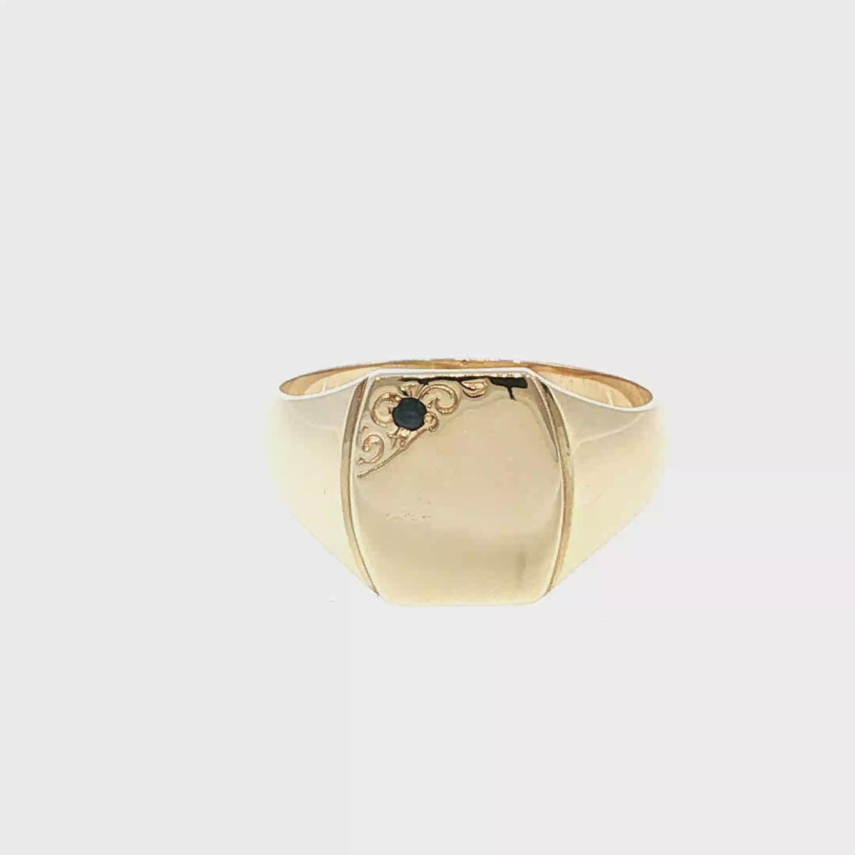 Yellow Gold Signet Ring with Deep Blue Sapphire Accent