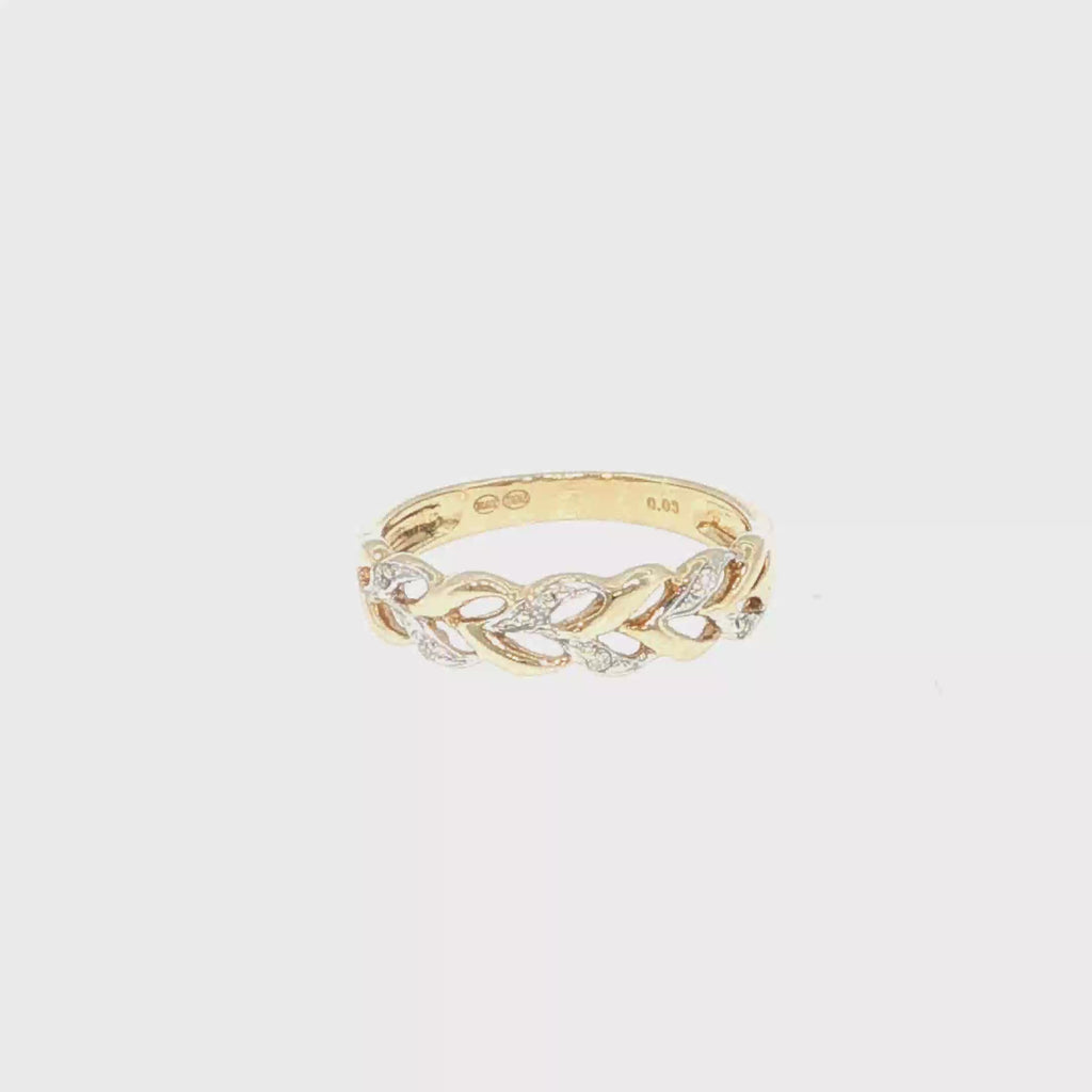Yellow Gold Braided Leaf Diamond Accent Band Ring