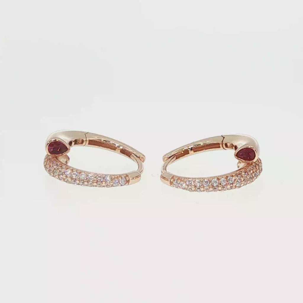 Rose Gold Huggie Hoop Earrings with Red Rubies